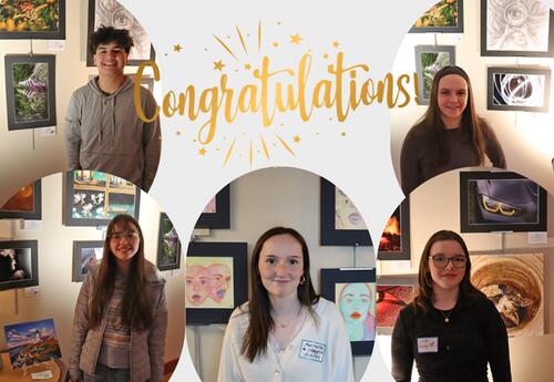 Photo collage of students standing next to their award-winning artwork.