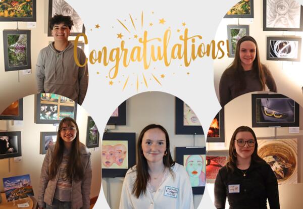 Photo collage of students standing next to their award-winning artwork.