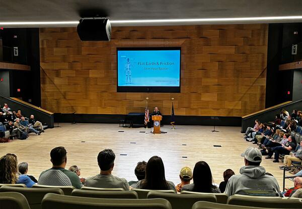 Keynote speaker Christina DiMicelli talks to Oyster River educators in the Morse Recital Hall.