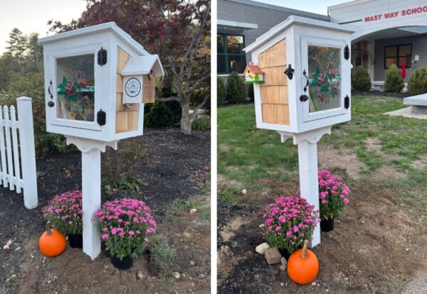 A photo collage showing the left and right side of the free little library after installation.