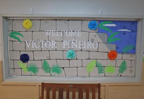 Art display welcoming Pineiro during his visit at Mast Way School.