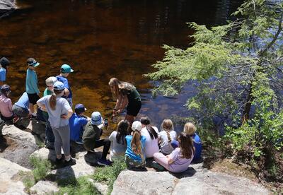 A group of students engage in water testing at Stonehouse Pond during the field trip.