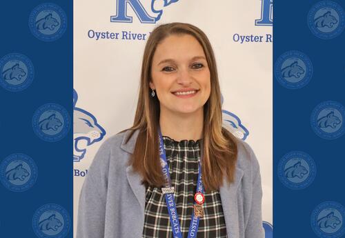 Photo of Interim Principal Kristen Perron and the Oyster River High School logo.