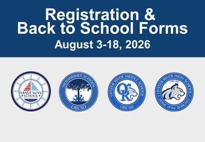 Graphic showing all four Oyster River schools logos and the caption: Registration August 3-18, 2026.