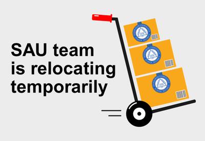 Graphic showing a dolly moving boxes with the caption: SAU team relocating temporarily.