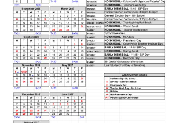 2026 - 2027 School Calendar