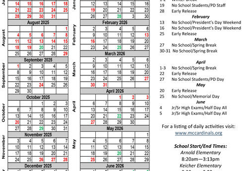 2025-2026 Michigan Center Schools District Calendar