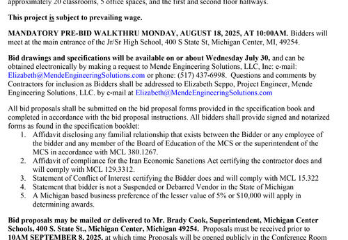 ADVERTISEMENT FOR BIDS - MICHIGAN CENTER SCHOOLS  2026 HVAC UPGRADES – Jr/Sr HIGH SCHOOL, NW WING