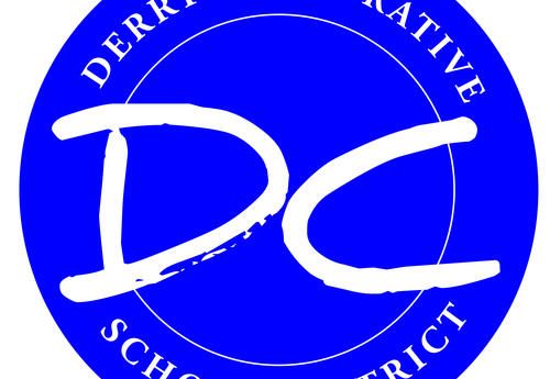Image of Derry Logo featuring multi colored hexagon surrounding two children playing with words Learning, Growth, & Connection