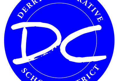 Image of Derry Logo featuring multi colored hexagon surrounding two children playing with words Learning, Growth, & Connection