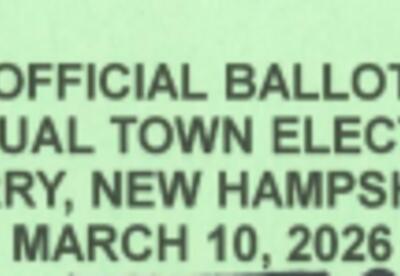 Green box with words Official Ballot Annual Town Election Derry New Hampshire 2026
