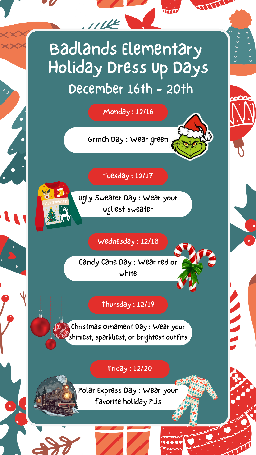 Holiday Dress-Up Days | December 16 - 20, 2024 | McKenzie County Public SD1 Holiday Dress-Up Days | December 16 - 20, 2024 | McKenzie County Public SD1