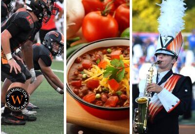 football player at the line, bowl of chili, band member playing a sax
