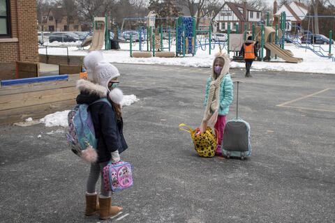 Roosevelt students wait for the morning bell as in-person learning returns on Jan. 19.