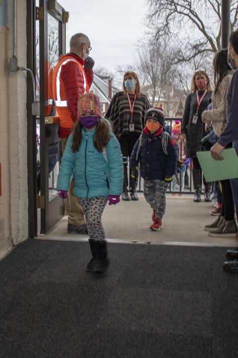 Roosevelt students file into school as in-person learning returns on Jan. 19.