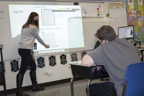 Roosevelt fifth-grade teacher Kristie Harvalis teaches students in her classroom as in-person learning returns on Jan. 19.