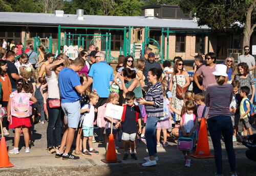 Families wait outside ahead of 1st day of Full-Day Kindergarten