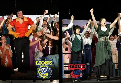 Graphic for the Lincoln and Emerson musicals with students performing