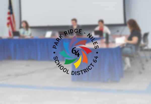 The D64 logo on top of a photo from the August 13 Board Meeting