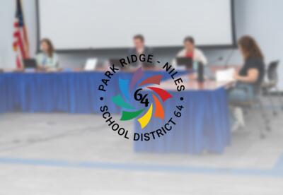 The D64 logo on top of a photo from the August 13 Board Meeting