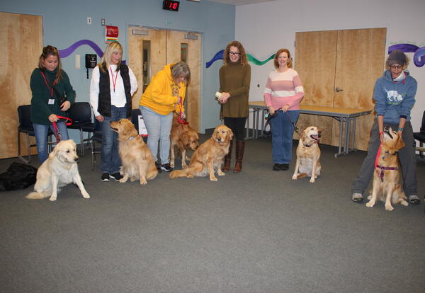 students petting a small dog