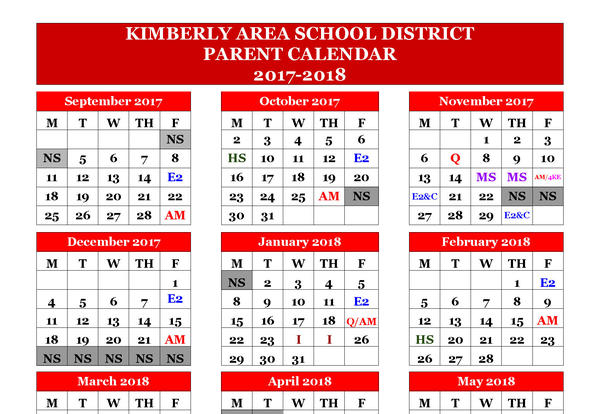 Parent Calendar for 2017-18 School Year Now Available