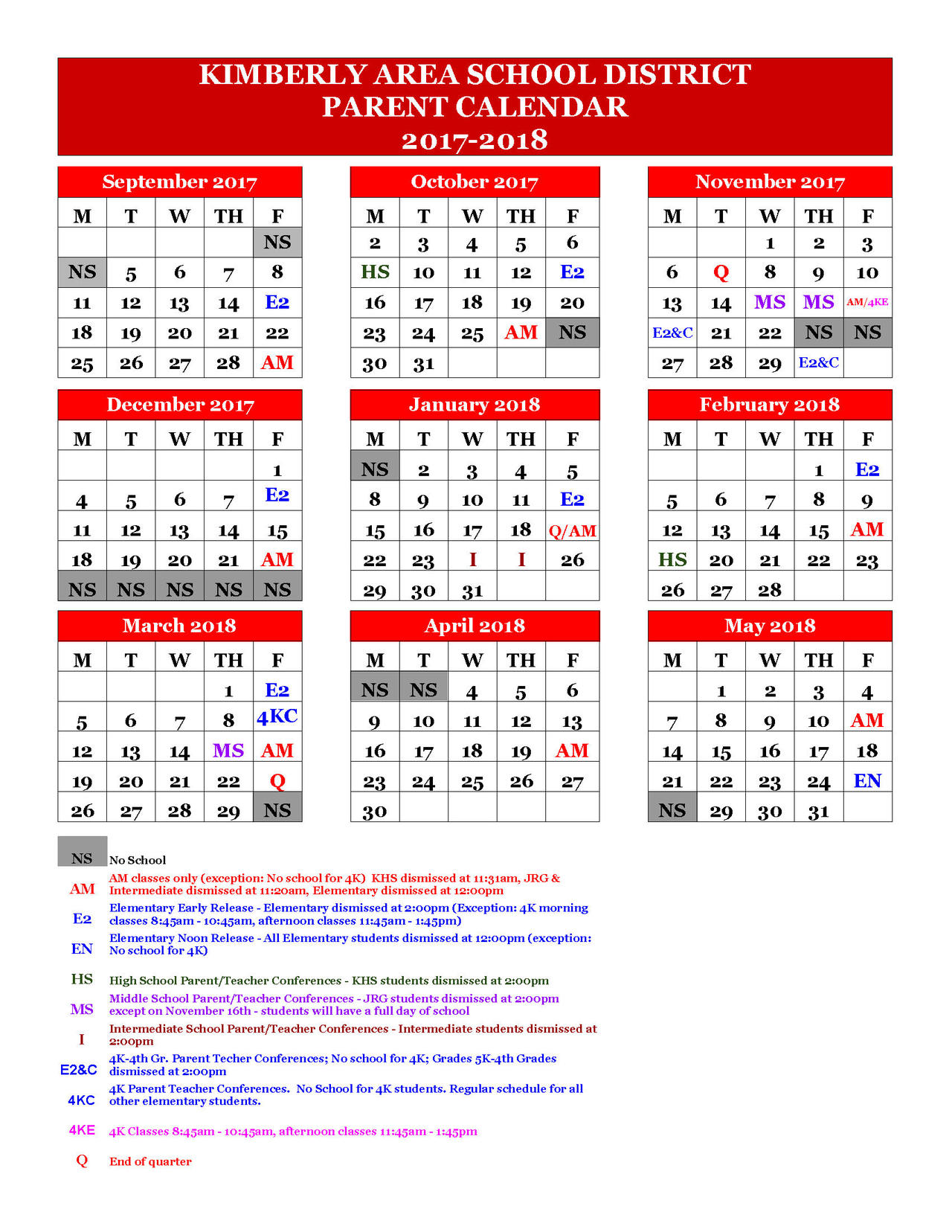 Parent Calendar for 201718 School Year Now Available Communications