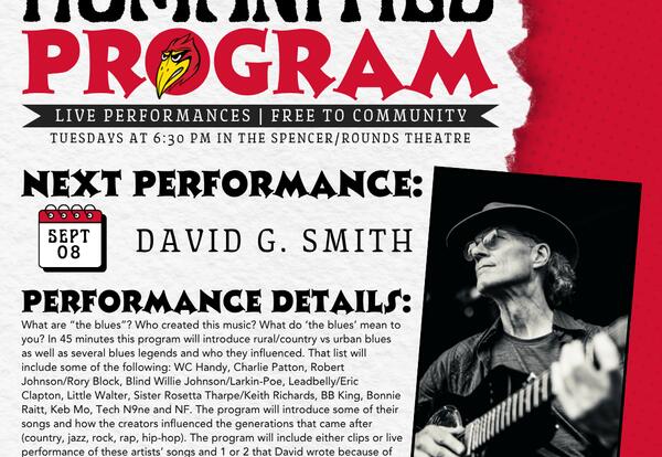 Coffeyville Community College’s Humanities Program will welcome internationally acclaimed songwriter and acoustic roots performer David G. Smith