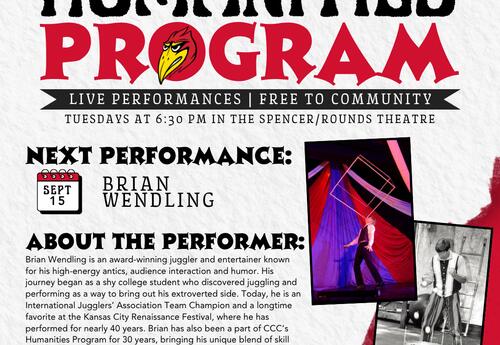 Coffeyville Community College’s Humanities Program will welcome award-winning juggler and entertainer Brian Wendling