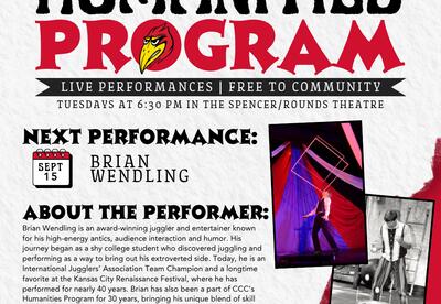 Coffeyville Community College’s Humanities Program will welcome award-winning juggler and entertainer Brian Wendling