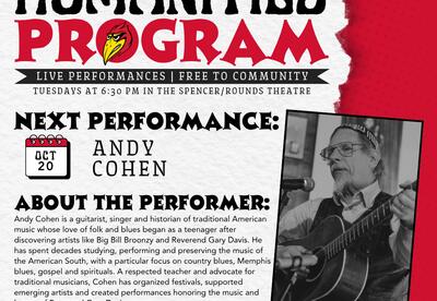 Coffeyville Community College’s Humanities Program will welcome guitarist, singer, and historian Andy Cohen