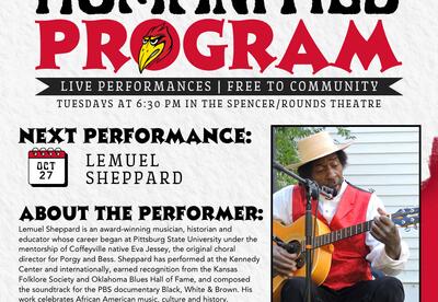 Coffeyville Community College’s Humanities Program will welcome award-winning musician, historian, and educator Lemuel Sheppard