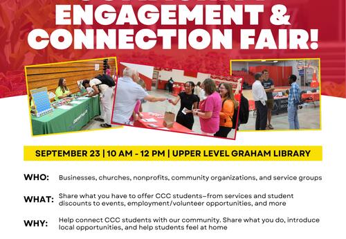 Coffeyville Community College is inviting local businesses, churches, nonprofits, community organizations, and service groups to connect with CCC students during its upcoming Community Engagement & Connection Fair on Wednesday, Sept. 23, from 10 a.m. to n