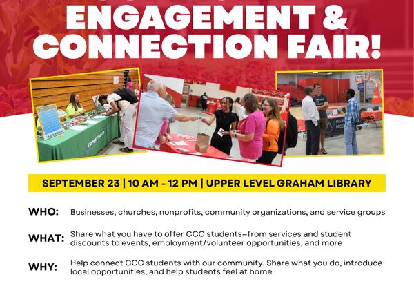 Coffeyville Community College is inviting local businesses, churches, nonprofits, community organizations, and service groups to connect with CCC students during its upcoming Community Engagement & Connection Fair on Wednesday, Sept. 23, from 10 a.m. to n