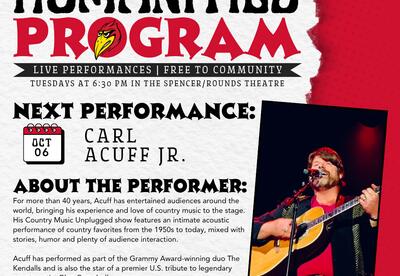 Coffeyville Community College’s Humanities Program will welcome veteran country music entertainer Carl Acuff Jr. for a free performance at 6:30 p.m. Tuesday, Oct. 6, in the Spencer/Rounds Theatre.