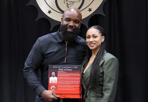 2026 Coffeyville Community College Lettermen’s Club Hall of Fame inductee Sylvester Williams is pictured with his wife, Jessica Williams, following his induction into the Hall of Fame.