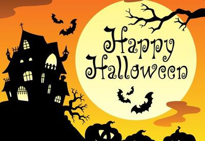 Haunted House on Hill with Happy Halloween text