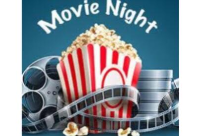 Popcorn and Film reels text saying Movie Night