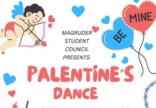 Hearts and Cupid with text "Palentine's Dance"