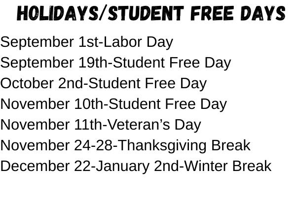 Holidays/Student Free Day Schedule
