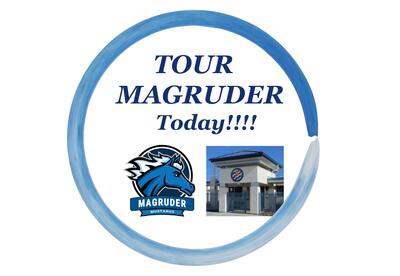school front and mascot with text "Tour Magruder