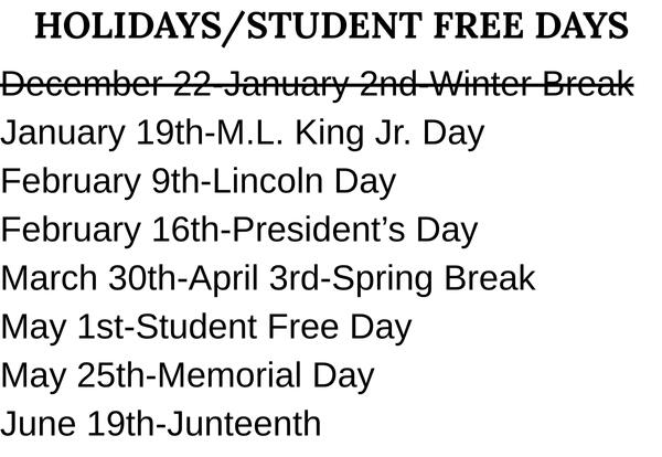 School Holidays/Student Free Days Schedule