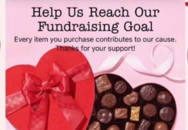 Box of See's chocolates. Text: Help us Reach our Fundraising Goals